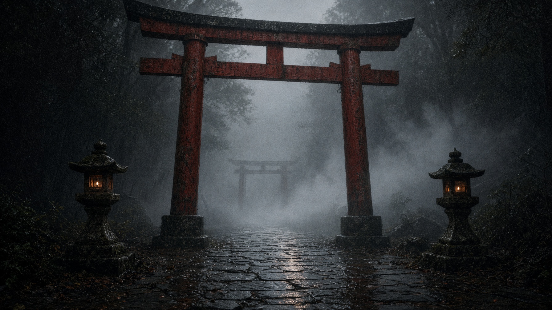 雨の夜の鳥居